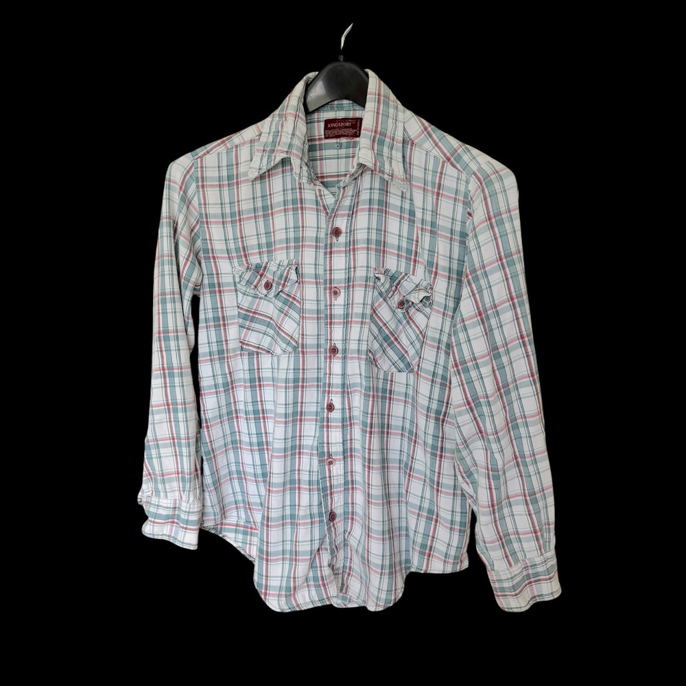 70's Kingsport Plaid Flannel Shirt Green White Cotton Button‎ Down M